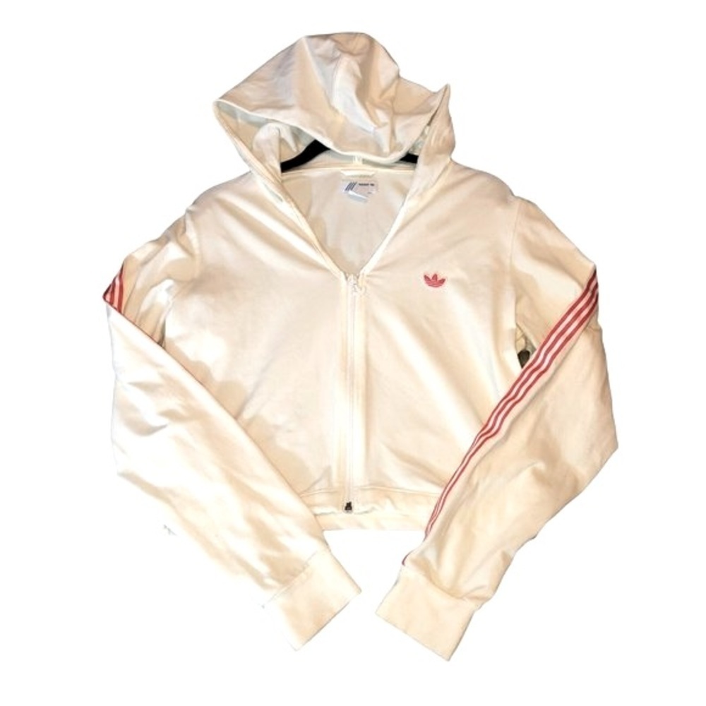 Vintage Y2K ADIDAS Womens Ivory Stretch Hooded V-Neck Zipper Cropped Jacket